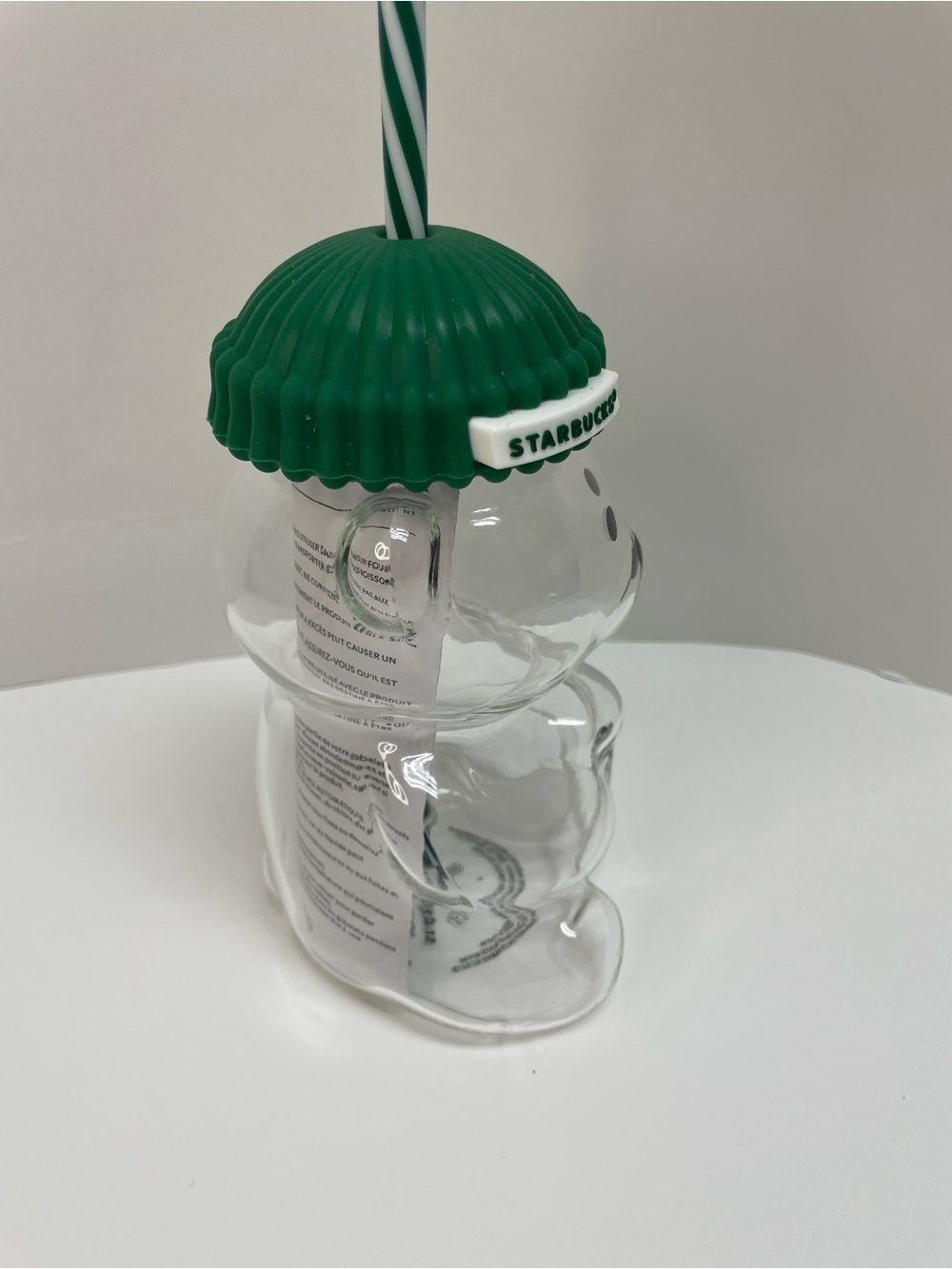 Starbucks Clear Bear Cup with Dark Green Beanie Lid and Striped Straw - Picture 5 of 5